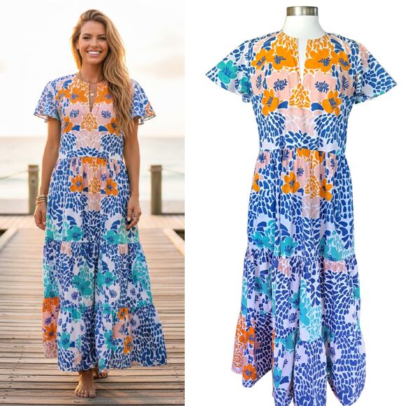 Oliphant Dresses & Skirts - OLIPHANT V-neck Maxi Dress Size Medium Blue Antigua Multi Tiered Flutter Sleeve